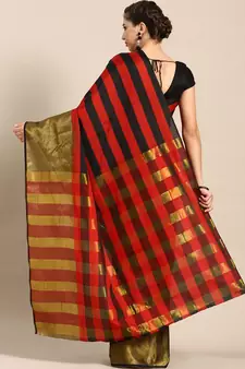 Red woven blended cotton saree with blouse