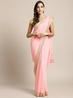 Pink embroidered georgette saree with blouse 1