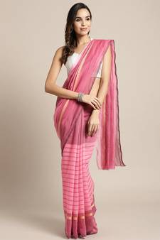 Pink woven linen saree with blouse