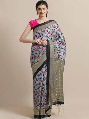 Grey printed art silk saree with blouse 1