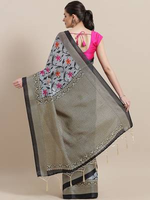 Grey printed art silk saree with blouse 2