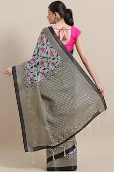 Grey printed art silk saree with blouse