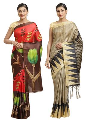 Multicolor printed art silk saree with blouse 1