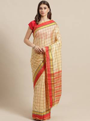 Beige woven blended cotton saree with blouse 1