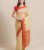 Beige woven blended cotton saree with blouse