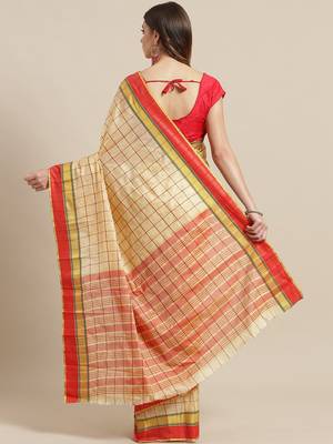 Beige woven blended cotton saree with blouse 2