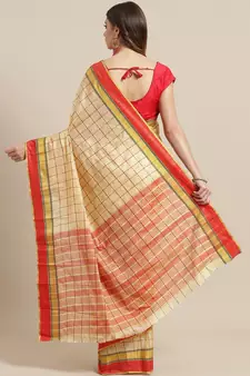 Beige woven blended cotton saree with blouse