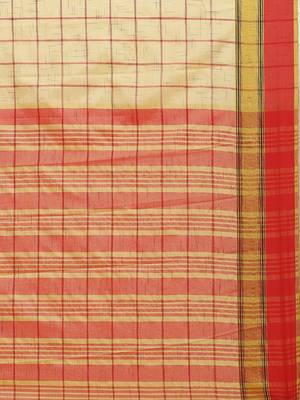Beige woven blended cotton saree with blouse 4