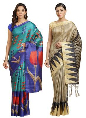 Multicolor printed art silk saree with blouse 1