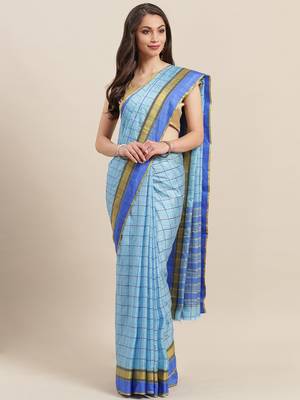 Blue woven blended cotton saree with blouse 1