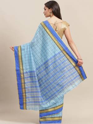 Blue woven blended cotton saree with blouse 2