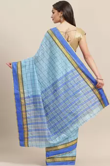 Blue woven blended cotton saree with blouse