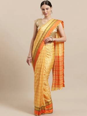 Yellow woven blended cotton saree with blouse 1
