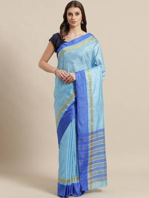 Blue woven blended cotton saree with blouse 1