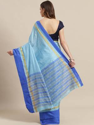 Blue woven blended cotton saree with blouse 2