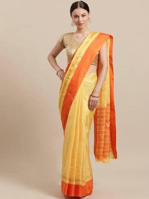 Yellow woven blended cotton saree with blouse 1