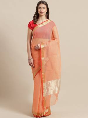 Orange woven blended cotton saree with blouse 1
