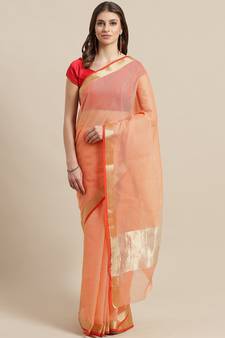 Orange woven blended cotton saree with blouse