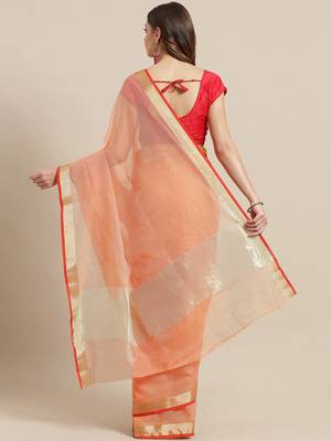Orange woven blended cotton saree with blouse 2