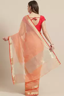 Orange woven blended cotton saree with blouse