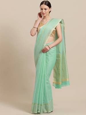 Green woven blended cotton saree with blouse 1