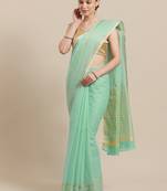 Green woven blended cotton saree with blouse