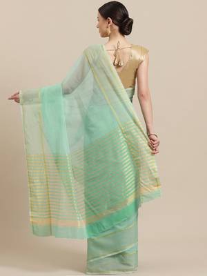 Green woven blended cotton saree with blouse 2