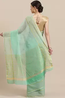 Green woven blended cotton saree with blouse