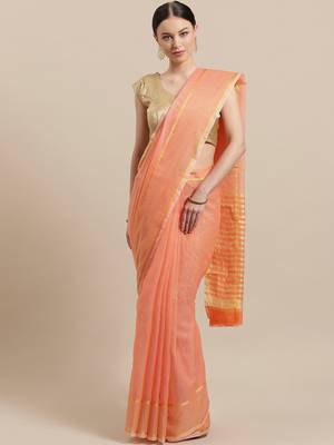 Pink woven blended cotton saree with blouse 1
