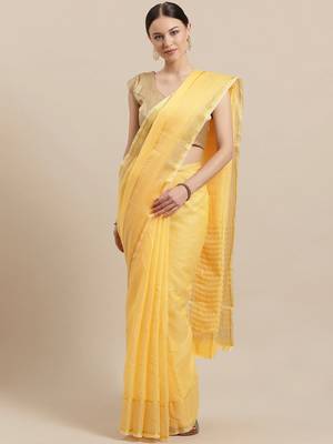Yellow woven blended cotton saree with blouse 1