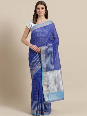 Blue woven blended cotton saree with blouse 1