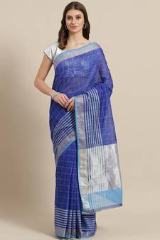 Blue woven blended cotton saree with blouse