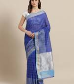 Blue woven blended cotton saree with blouse