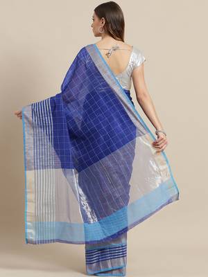 Blue woven blended cotton saree with blouse 2