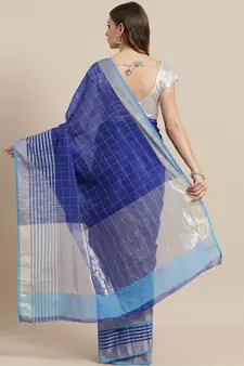 Blue woven blended cotton saree with blouse