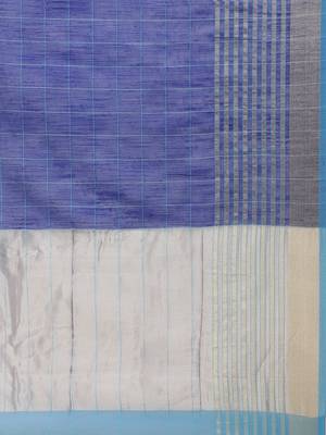 Blue woven blended cotton saree with blouse 4