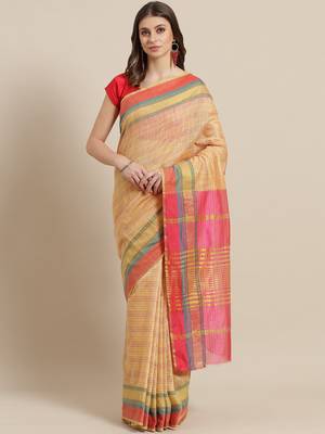 Beige woven blended cotton saree with blouse 1