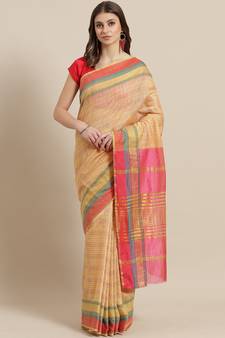 Beige woven blended cotton saree with blouse