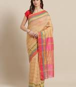 Beige woven blended cotton saree with blouse