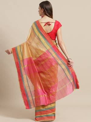 Beige woven blended cotton saree with blouse 2