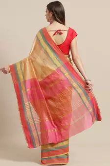 Beige woven blended cotton saree with blouse