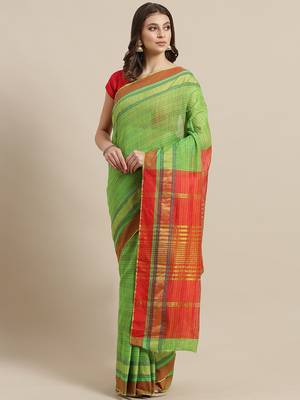 Green woven blended cotton saree with blouse 1