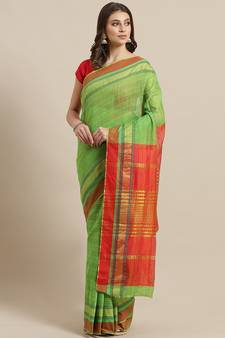 Green woven blended cotton saree with blouse