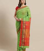 Green woven blended cotton saree with blouse