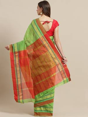 Green woven blended cotton saree with blouse 2