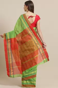 Green woven blended cotton saree with blouse