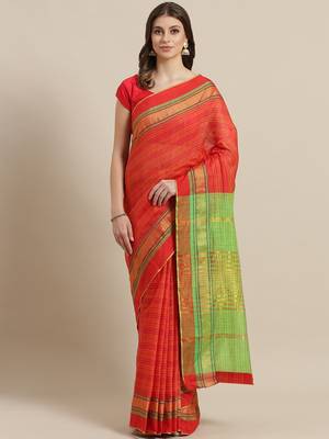 Red woven blended cotton saree with blouse 1