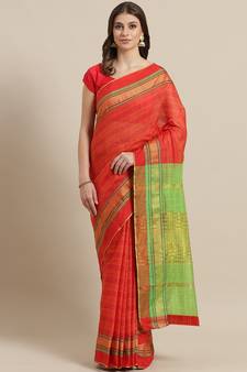 Red woven blended cotton saree with blouse