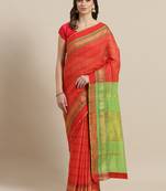 Red woven blended cotton saree with blouse