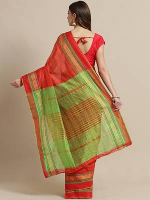 Red woven blended cotton saree with blouse 2